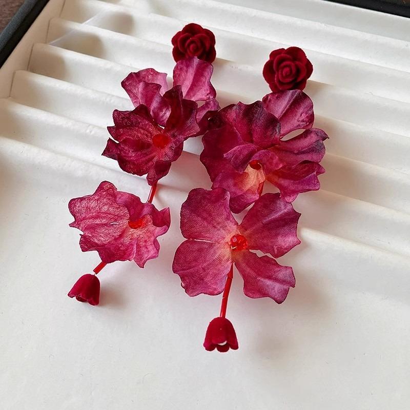 Fashion Zircon Vintage Temperament Red Flower Dangle Earrings For Women Female Gifts Sweet Design Ear Accessories Hot Selling