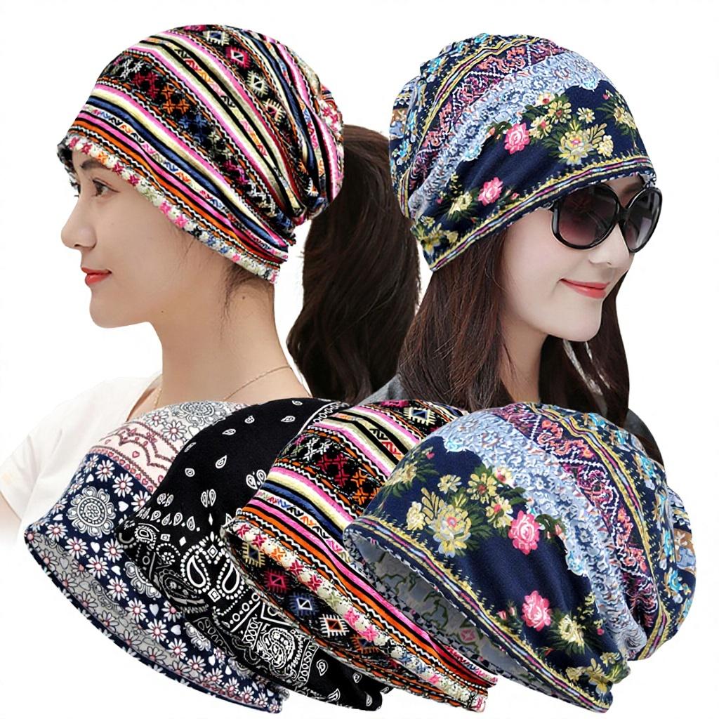 Berretto Pullover a 6 Pannelli in Cotone Sottile con Stampa Floreale Primavera/Estate/Autunno Sciarpa Traspirante Protezione Solare Donna Doppio Uso