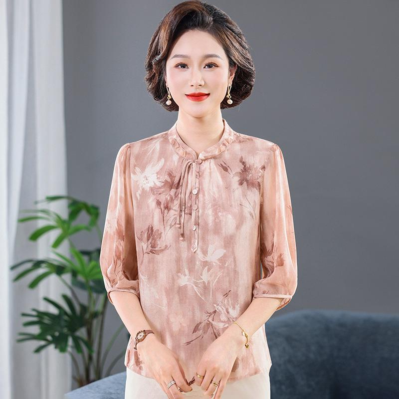 

Imitation Silk Chinese Style Cool T-shirt for Middle-aged and Elderly Women – Stylish and Breathable Summer Wear 2XL (52.5-60kg) рожевий