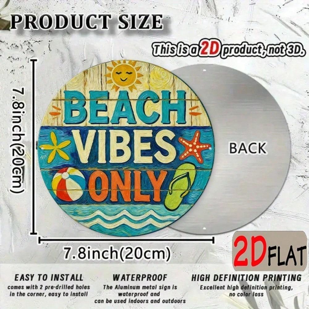 Beach Vibes Only Round Metal Wall Plaque 8 Turquoise Coral Coastal Decor with Starfish Surfboard Summer Home