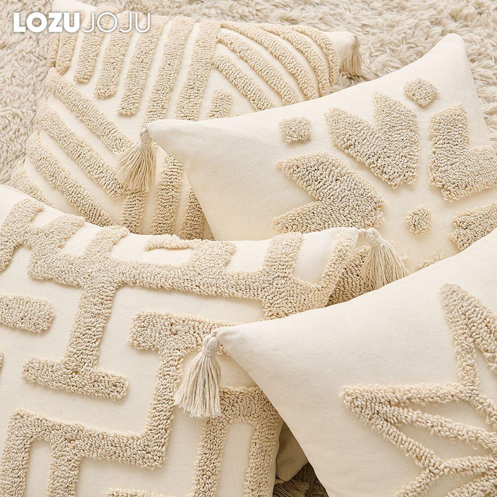1PC LOZUJOJU Beige Soft Cushion Cover Bohemian Tassel Style Tufted Embroidered Pillowcase for Sofa Living Room Bedroom Home Decor