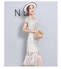 Plus Size Sequin Beaded Tassel Evening Dress - Slimming Hip-Hugging Design with Round Neck 