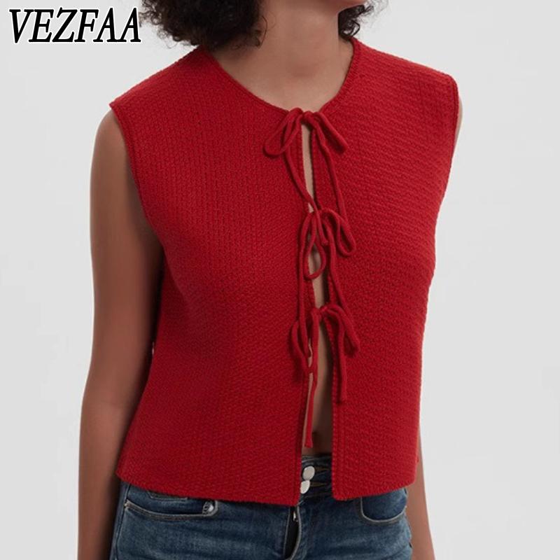 VEZFAA Women's Fashion Casual Summer Spring Solid Color Print Sleeveless O-Neck Sweaters