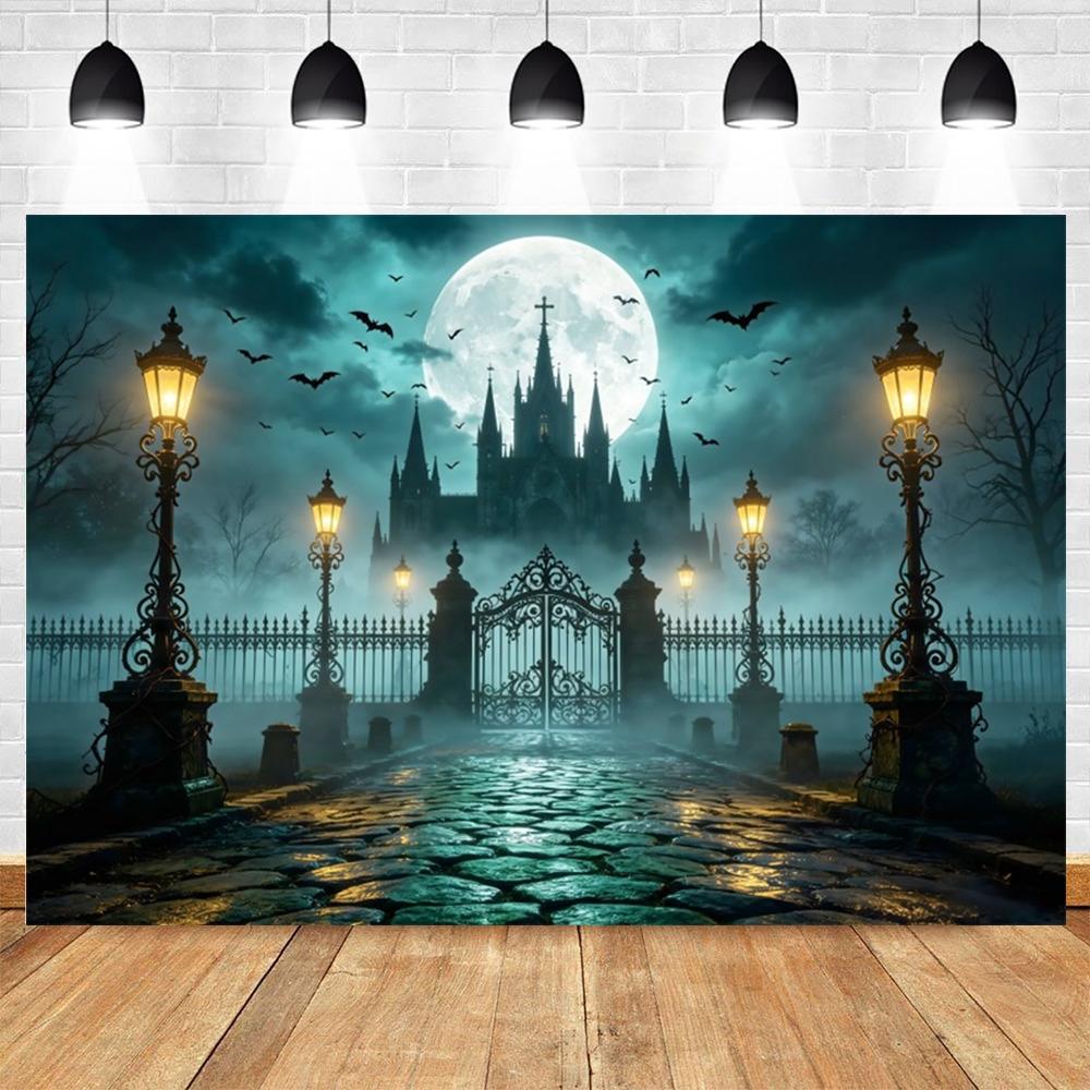 Halloween Full Moon Suburbs Cemetery Backdrop Scary Skull Castle Pumpkin Lantern Family Festival Party Decor Photo Background