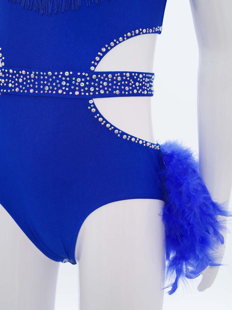 Girls Latin Dance Costume Sparkly Rhinestones Halter Leotard with Feather Skirt for Performance
