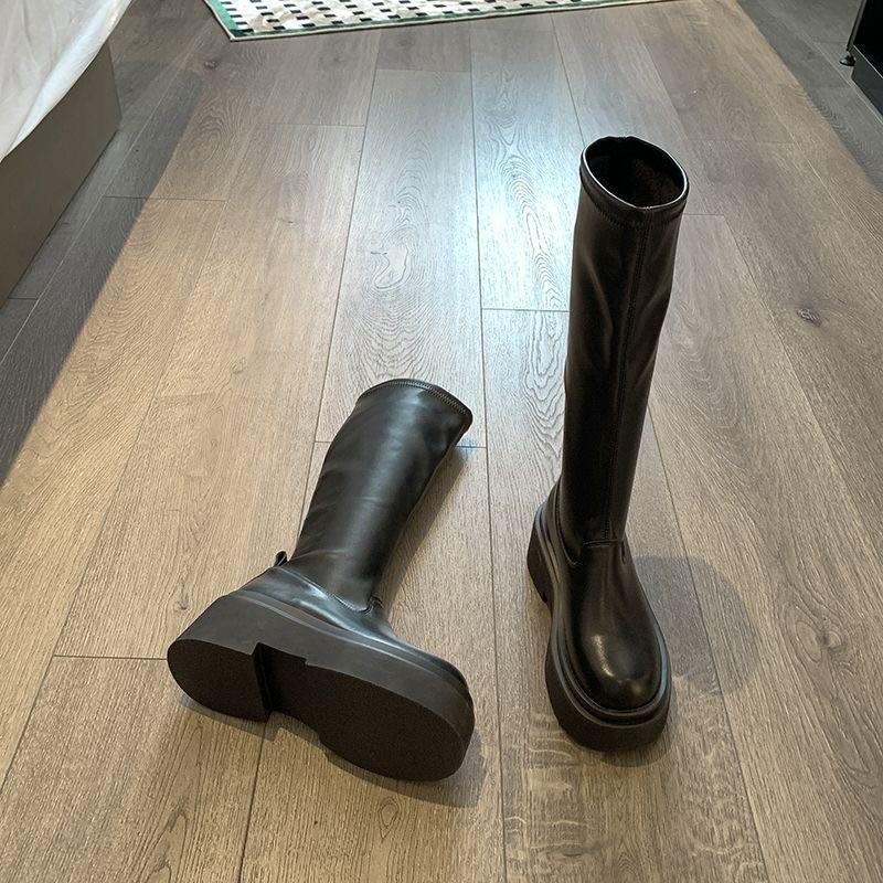 Knight Boots Women's British Style 2026 New Soft Leather Thick Soled Long Tube Boots Height Increasing Long Tube Boots