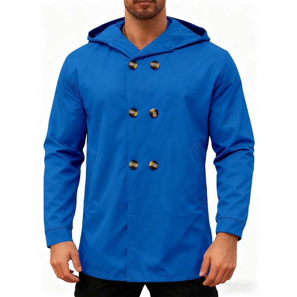 Men's Hooded  Mid Length Trench Coat Hoodie Jacket Double Breasted Suit Casual Windbreaker Outwear