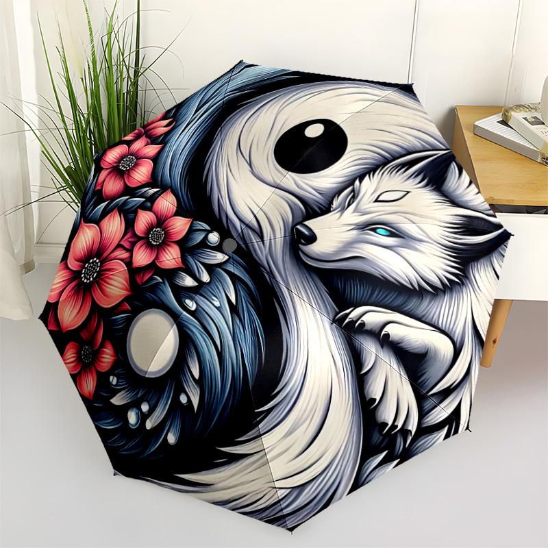 1pc YinYang Wolf Automatic Folding Umbrella, 8-Rib Sturdy Canopy, Portable Travel Umbrella for Outdoor Use,097