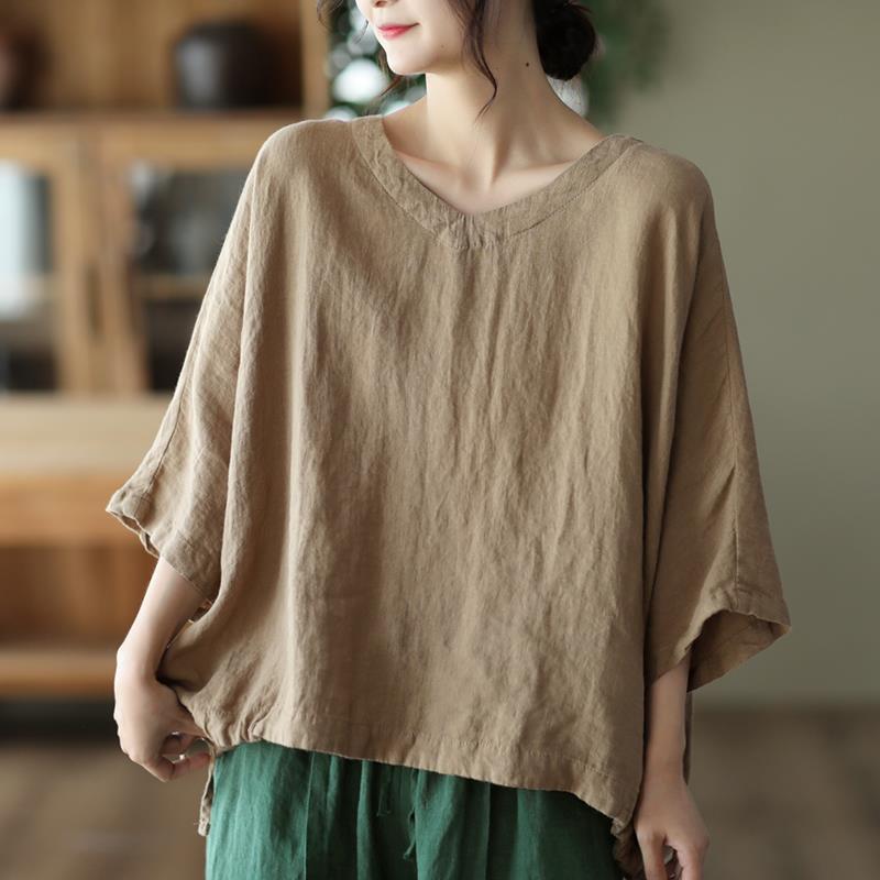 Summer Women's Clothing Vintage Simple Drawstring Oversized Streetwear T Shirt  V-Neck Short Sleeve Solid Tops