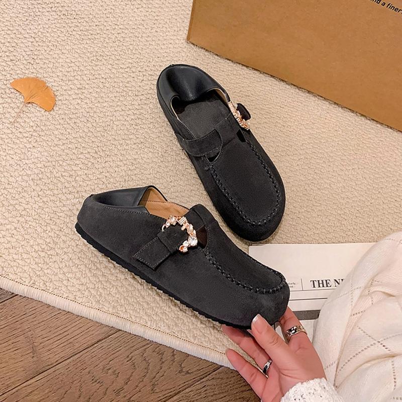 Fashion Women's new genuine leather cow suede round toe with a raised rhinestone belt buckle inside the heel, retro casual single shoe