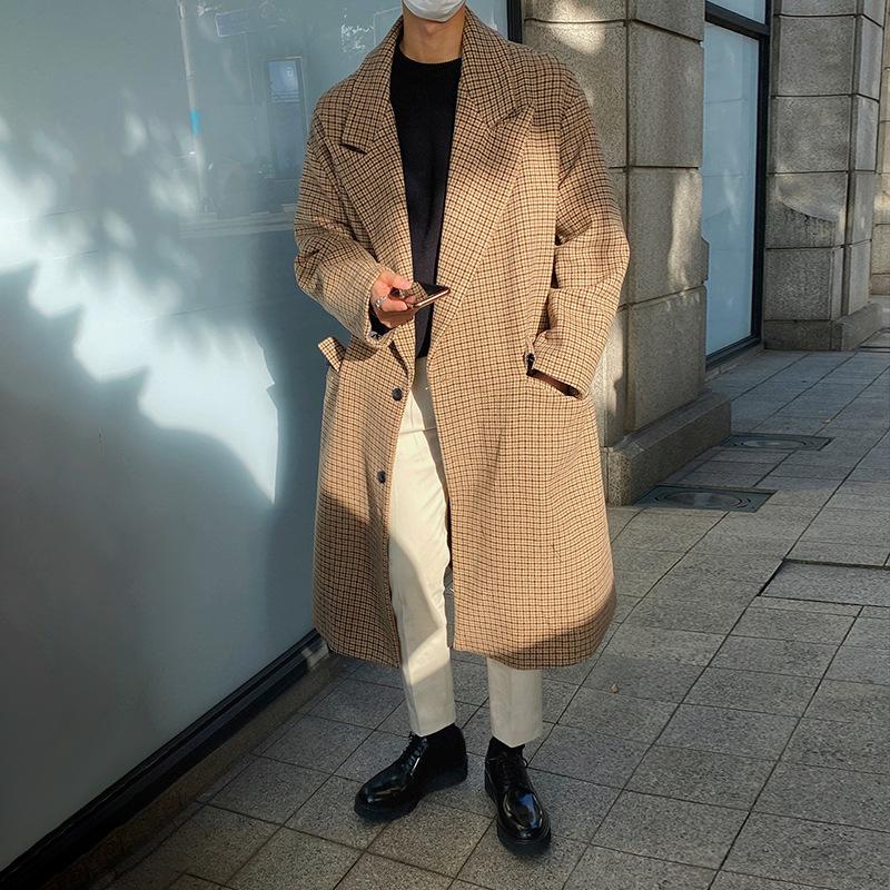 

Клетчатое шерстяное пальто мужское средней длины в корейском стиле модная осенне-зимняя ветровка свободное повседневное пальто 2XL