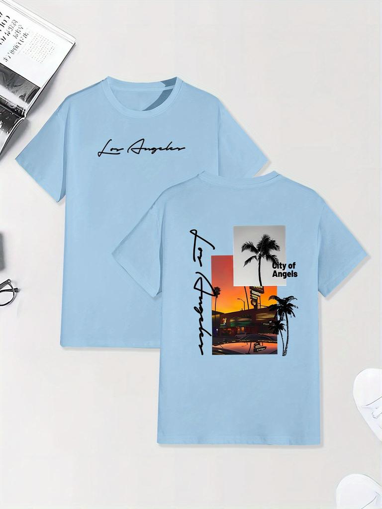 Vintage Los Angeles Sunset Palm Tree Collage Tee with Front and Back Script Print 100 Cotton Unisexs Tshirt for Summer Adventures