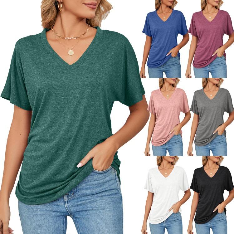 Summer New Casual V-neck Pullover Solid Color Loose T-shirt Women's Top European American