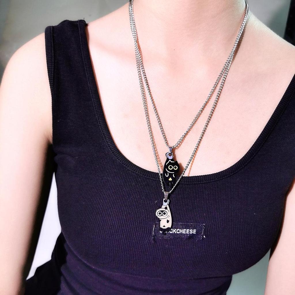 Versatile Black Cat Couple Necklace Pendant – Titanium Steel Hip Hop Style Sweater Chain