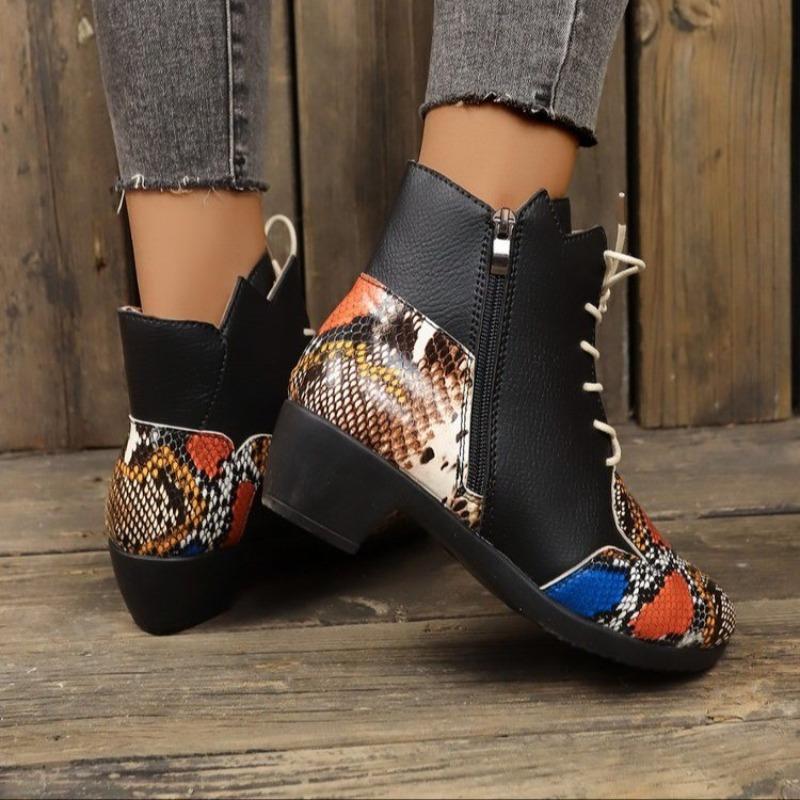 Fashion Women's Fashion Ankle Boots Fall New Round Head Splicing Lace-up Side Zipper Square Heel Ankle Boots