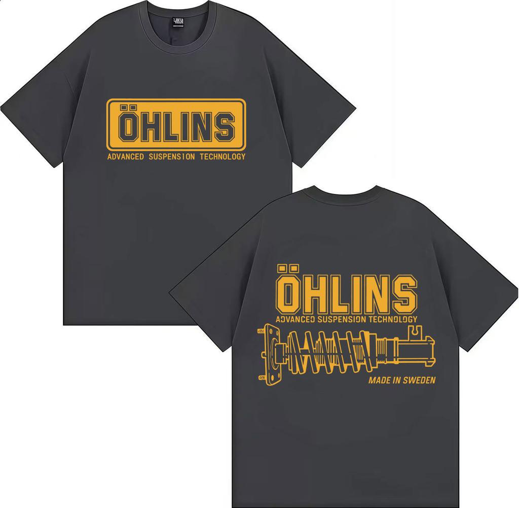 Ein stilvolles und lustiges OHLINS Motorrad-Stoßdämpfer-Muster 2025 Sommer-Druck 100% reine Baumwolle Locker Lässig Retro T-Shirt