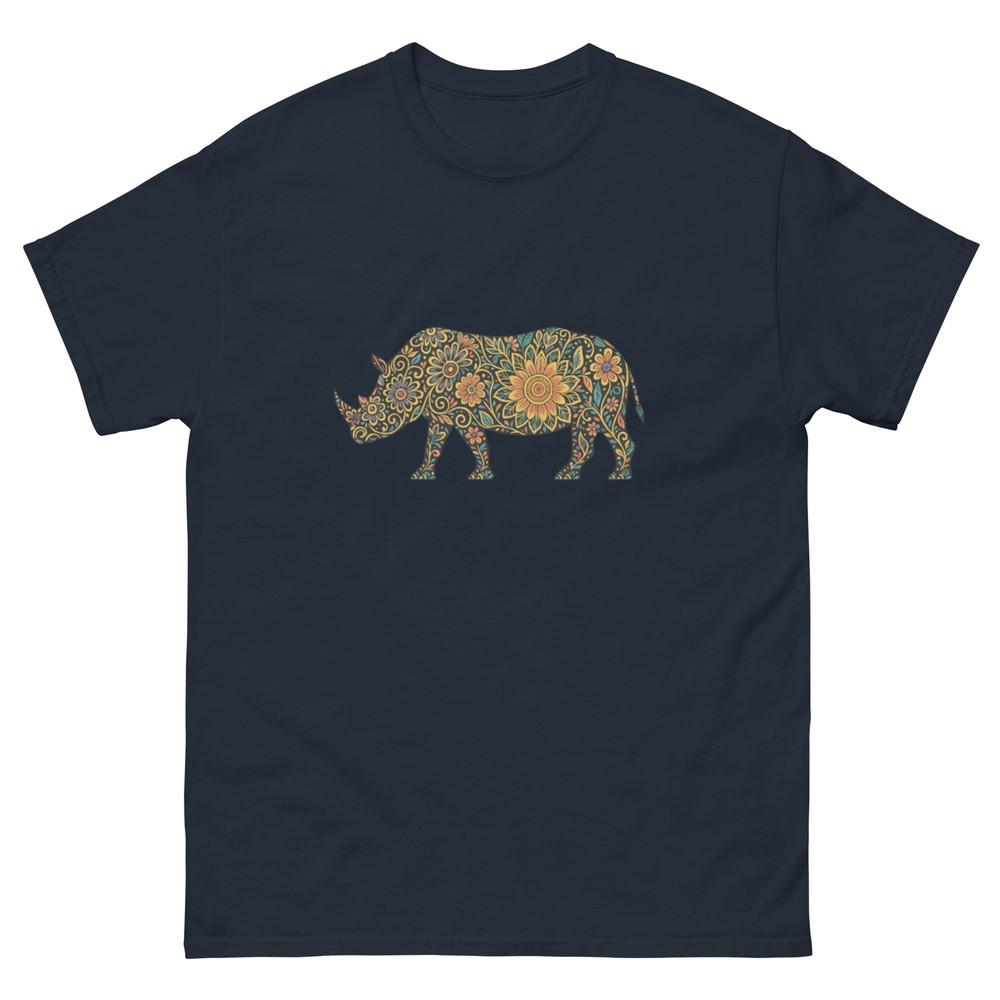 Colorful Floral Rhino T-Shirt Mens Womens Graphic Animal Nature Art Tee