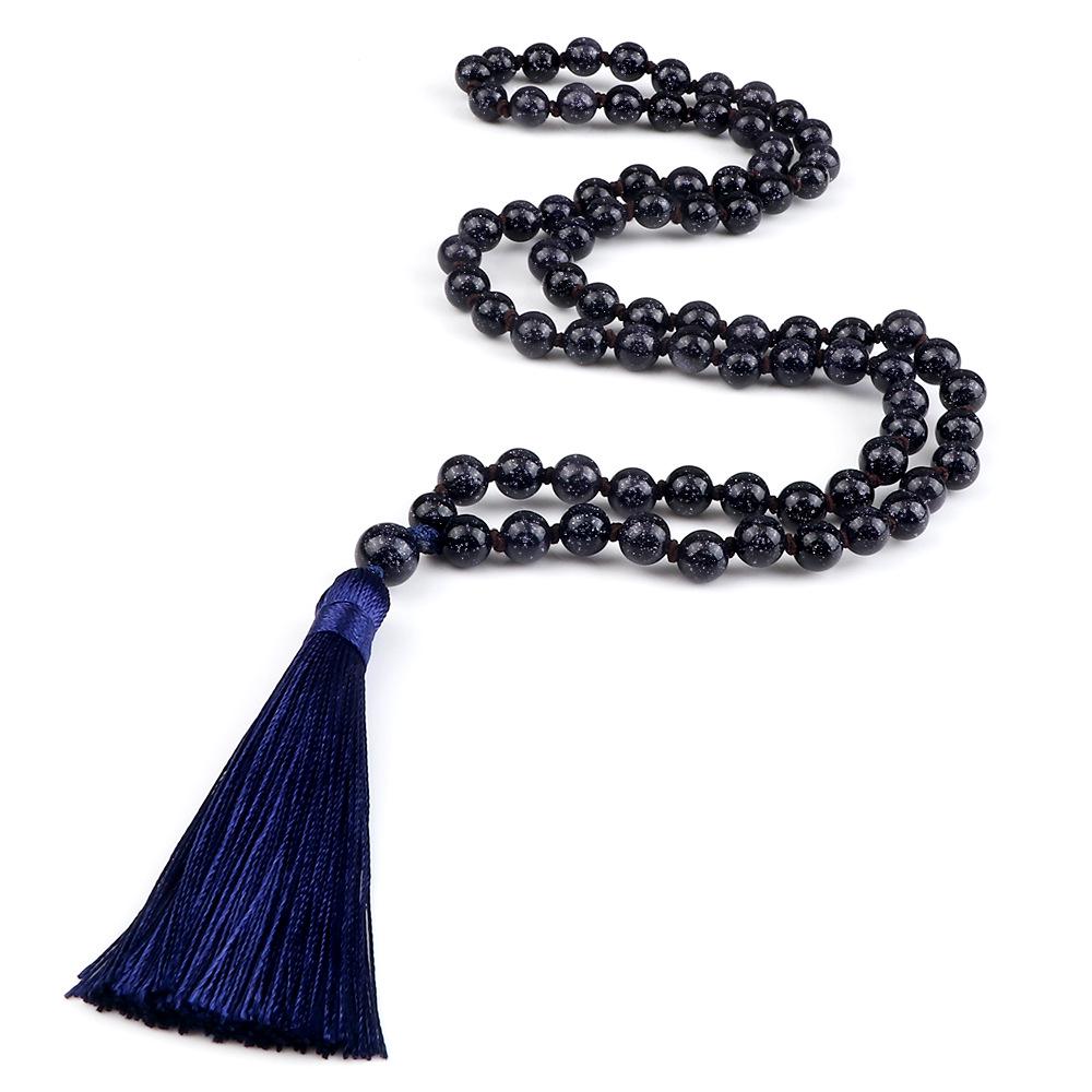 European 8mm Stone Bead Tassel Necklace and Multi-Strand Buddhist Bead Bracelet