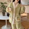Womens Coral Fleece Pajama Set Thick Warm Long Sleeve V-Neck Floral Embroidery Home Outfit Fall Winter