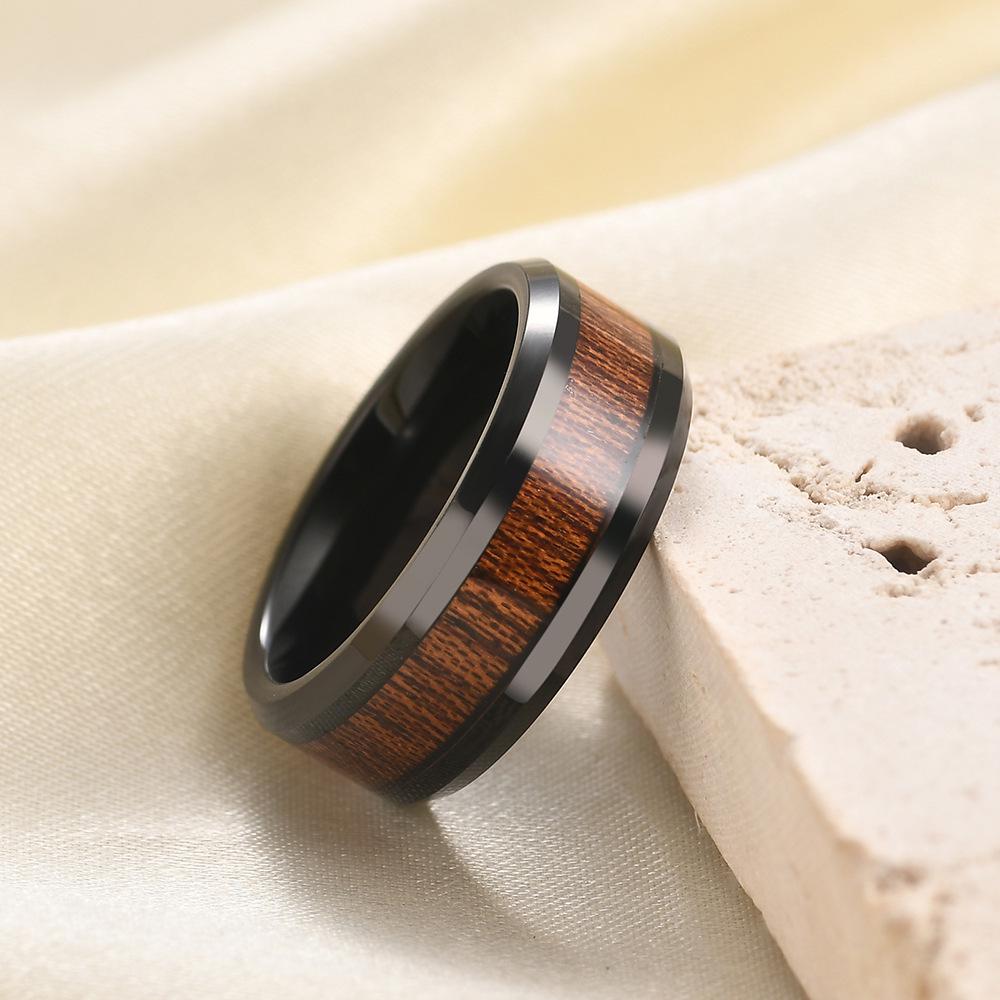 Elegant European & American 8MM Stainless Steel Pinky Ring with Black Wood Grain