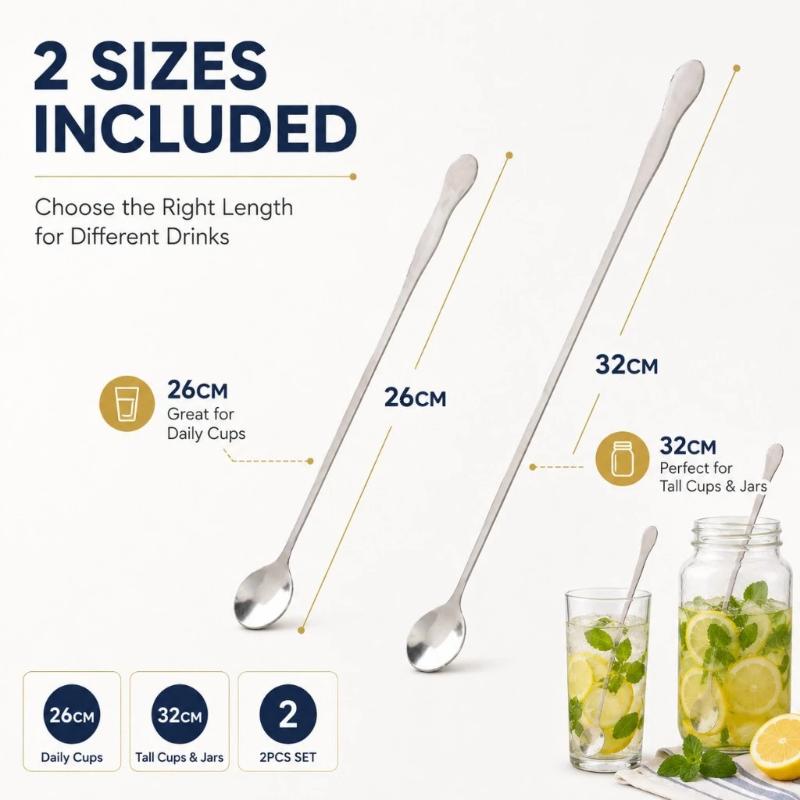2Pcs Stainless Steel Long Handle Stirring Spoon Easy Grip Rust Resistant Beverage Mixing Spoon Long Handle Drink Stirring Spoon