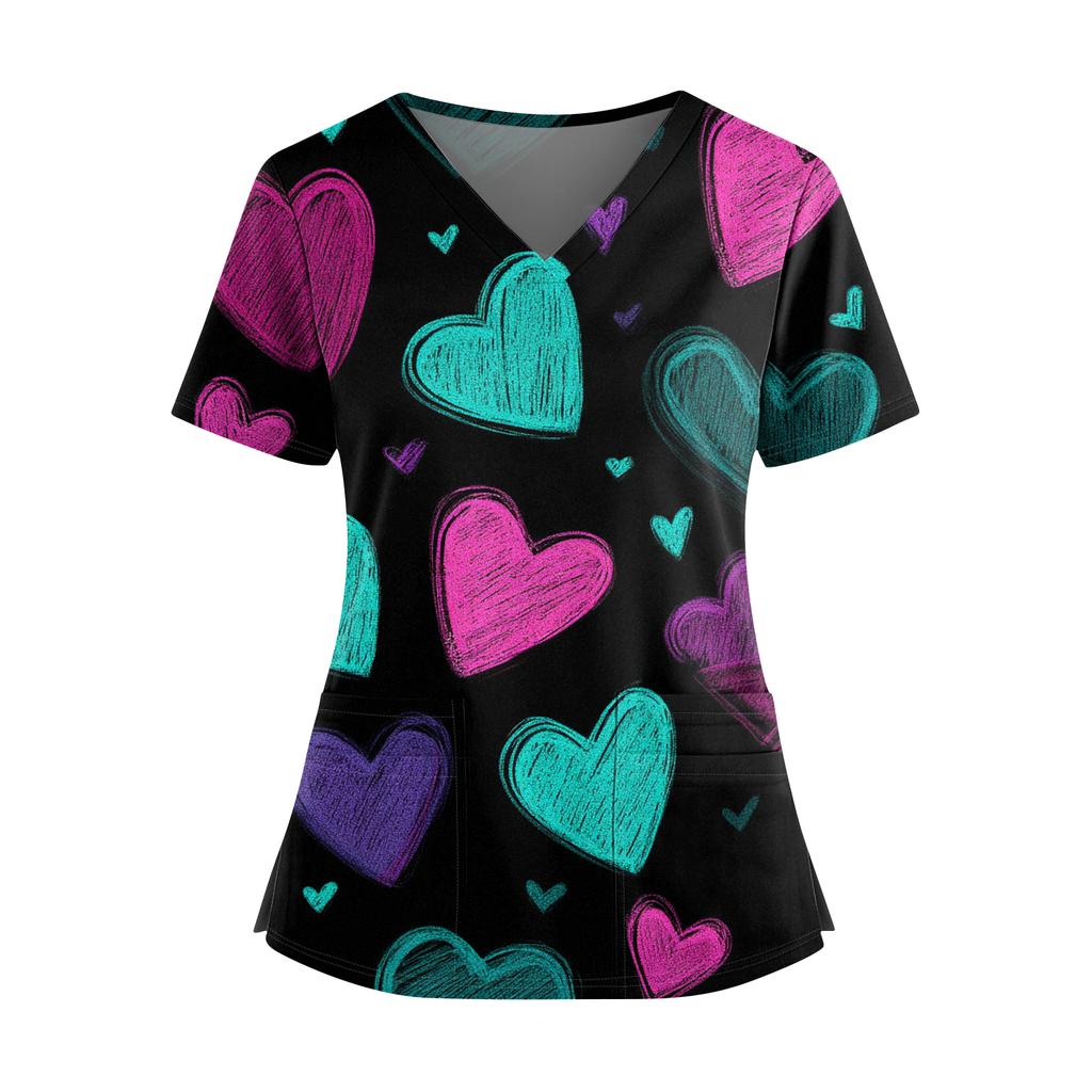 Women's Valentine's Day  Printed V-Neck Double Pocket Short Sleeves Hem Slit  Uniform Caregiver Top