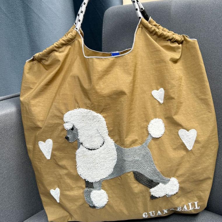 2024 Japanese-Style Cute Dog Embroidered Nylon Eco-Friendly Shoulder Shopping Bag
