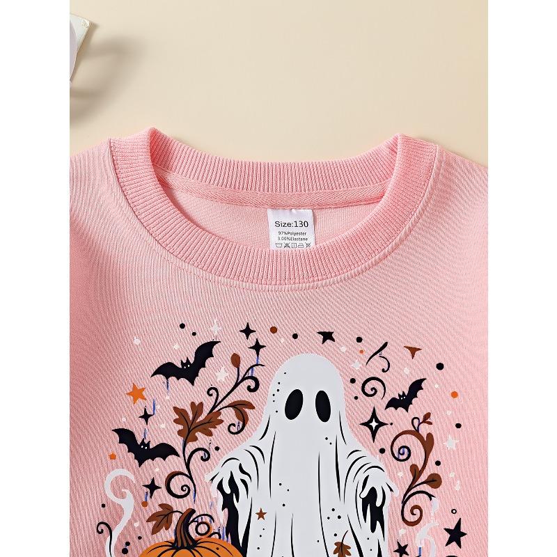 Girls' Halloween Long-sleeve Sweatshirt, Round-neck Fun Print Casual Top, Kids' Autumn Clothing, Suitable for Trick-or-treat Parties and Halloween