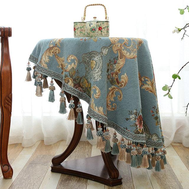 

Винтажная скатерть из жаккарда синели для круглого стола, обеденная кофейная вечеринка, свадьба с кисточками, цветочное европейское украшение для дома 160cm-Round синий