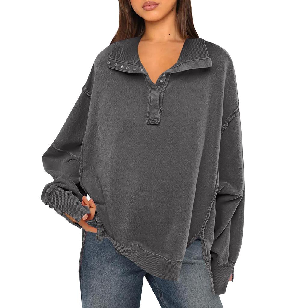 Women's Oversized Sweatshirt Hoodies Long Sleeve Button Neck Pullover Tunic Tops