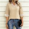Women V Neck Short Sleeve Casual T Shirt Lace Trim Patchwork Relaxed Fit Lightweight Top for Everyday Wear