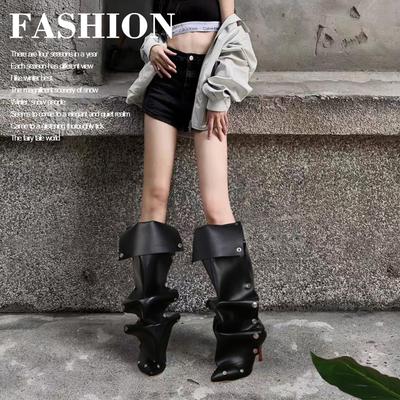 Botas de Montón con Remaches Arrugadas 2025 Otoño Nuevo Estilo Europeo y Americano Punta Afilada Tacón Fino Tacón Alto Tubo Largo Botas de Mujer