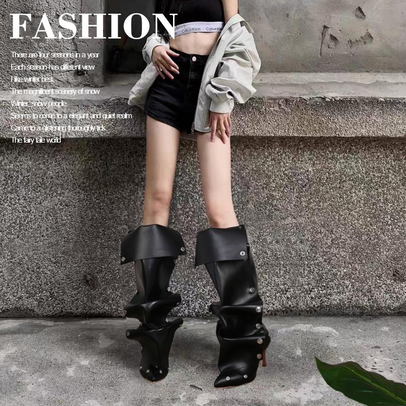 Wrinkled Rivet Pile Boots 2025 Autumn New European and American Style Pointed Toe Thin Heel High Heel Long Tube Women's Boots