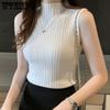 WTEMPO Solid Slim Thin Knitted Vests Women Spring Solid Half High Collar Shirts Female Elegant Casual Sleeveless Tops
