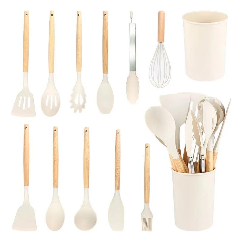 12Pcs/5pcs Silicone Utensils Set Non-Stick Cookware Spatula Shovel Wooden Handle Kitchenware Home Kitchen Cooking Tools