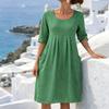 2026 Summer Women's Cotton Linen Loose Pleated Pocket Dress, Round Neck Short Sleeve