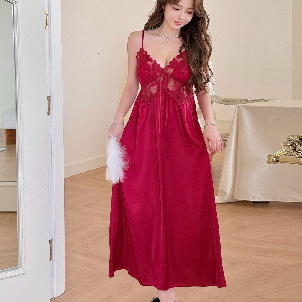 Sexy Pajamas Women's Ice Ribbon Chest Pad French Suspender Pajamas Long Over Knee Magnolia Pure Desire Homewear