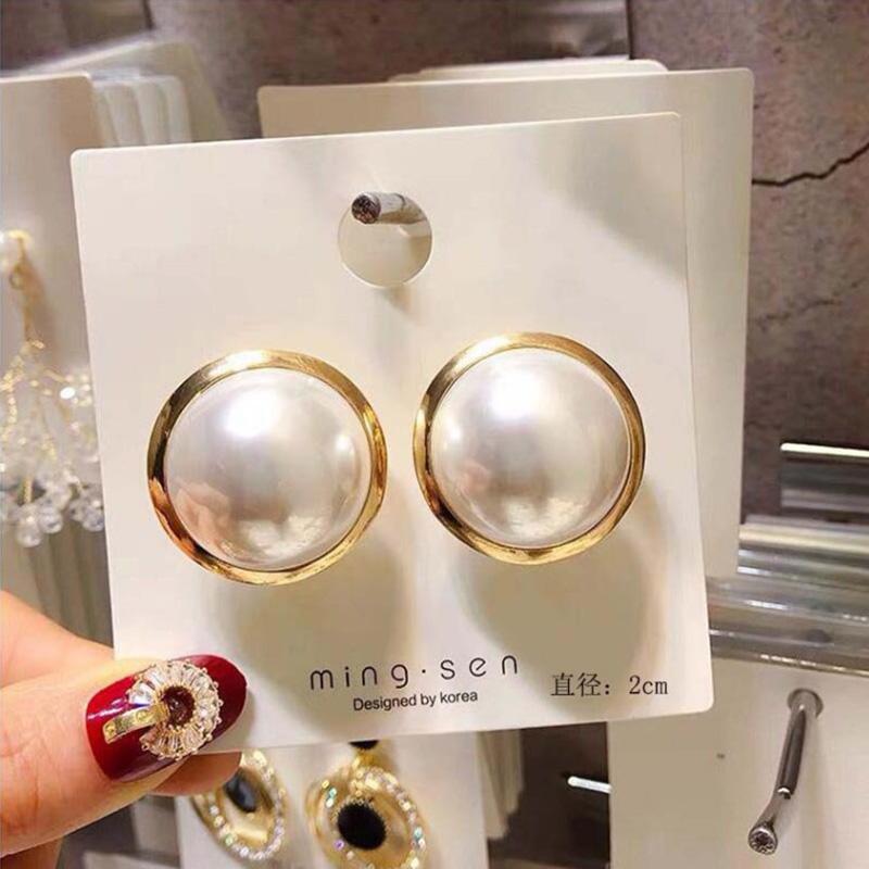 Korean Big Round Simulated Pearl Stud Earrings For Women New Classic One Size