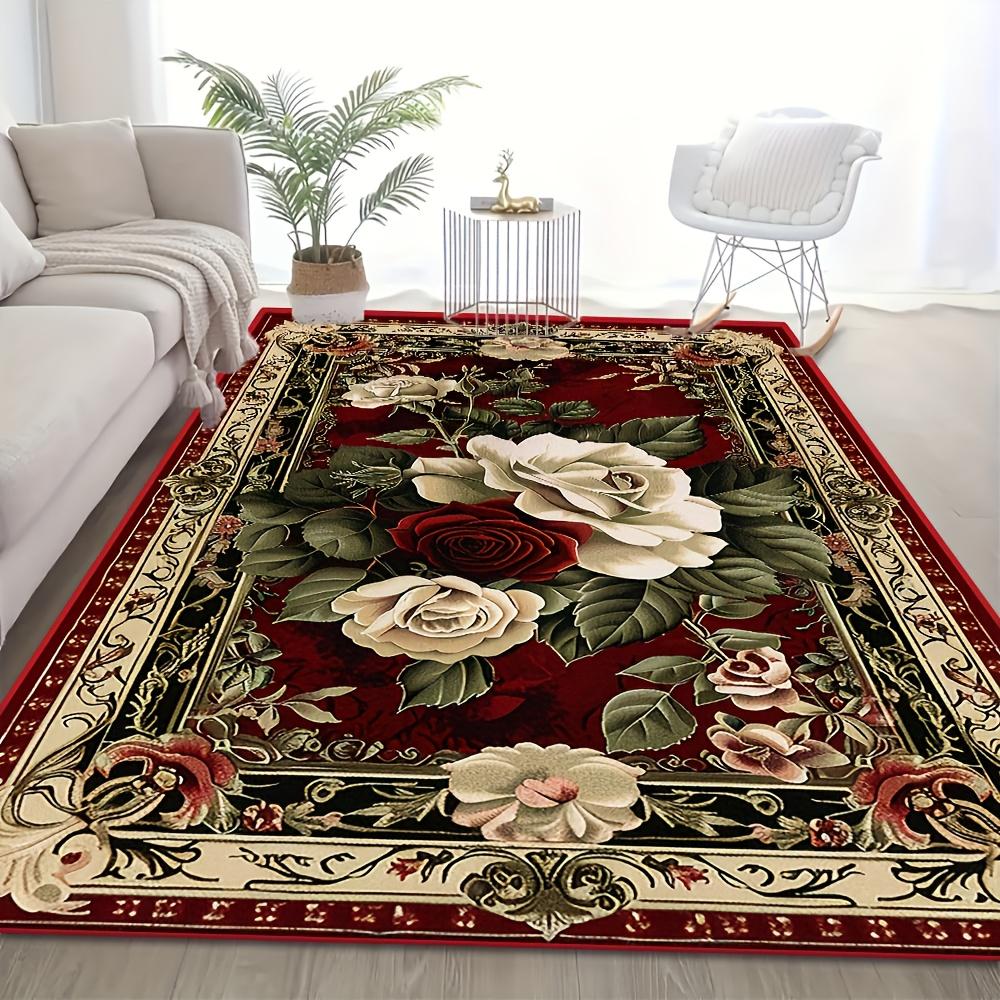 Retro Floral Floor Rug Romantic Vintage Rose Flower Border Stylish Decor Area Rug for Indoor Living Space Home Ornament