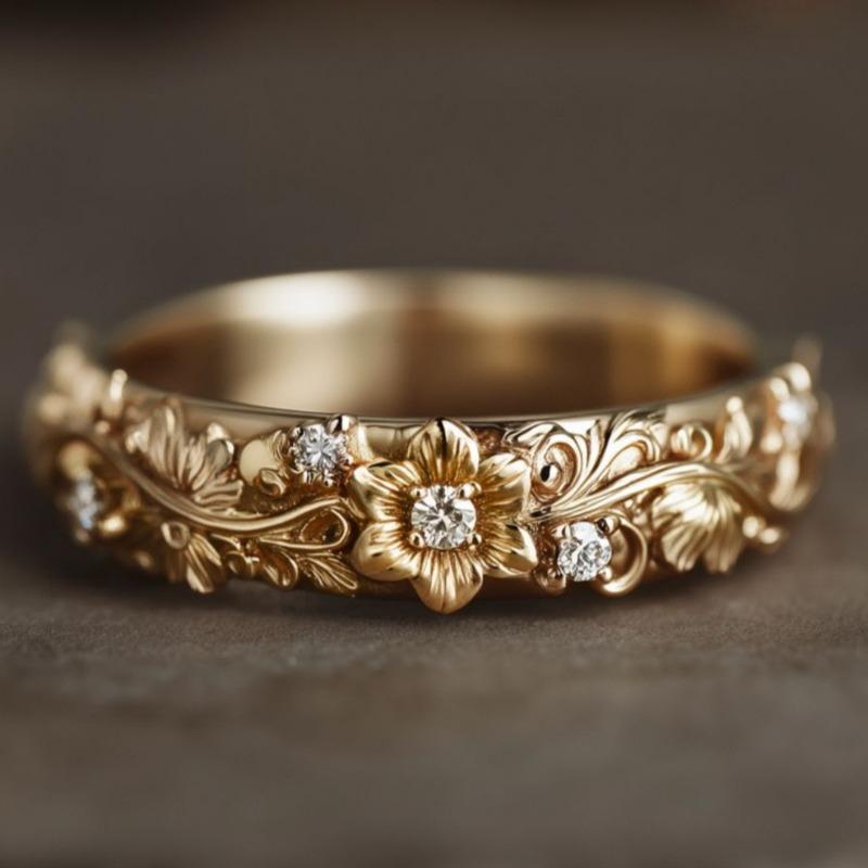 Simple Inlaid White CZ Flower Women's Ring Classic Gold Color Hand Carving Daily Wear Party Jewelry Anniversary Gift