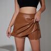 Women's Casual Ruched Faux Leather Mini Skirt High Waisted Asymmetrical Hem A-line Dressy Wrap Skort Shorts for Women Fall Casual Work PU Short Skirts