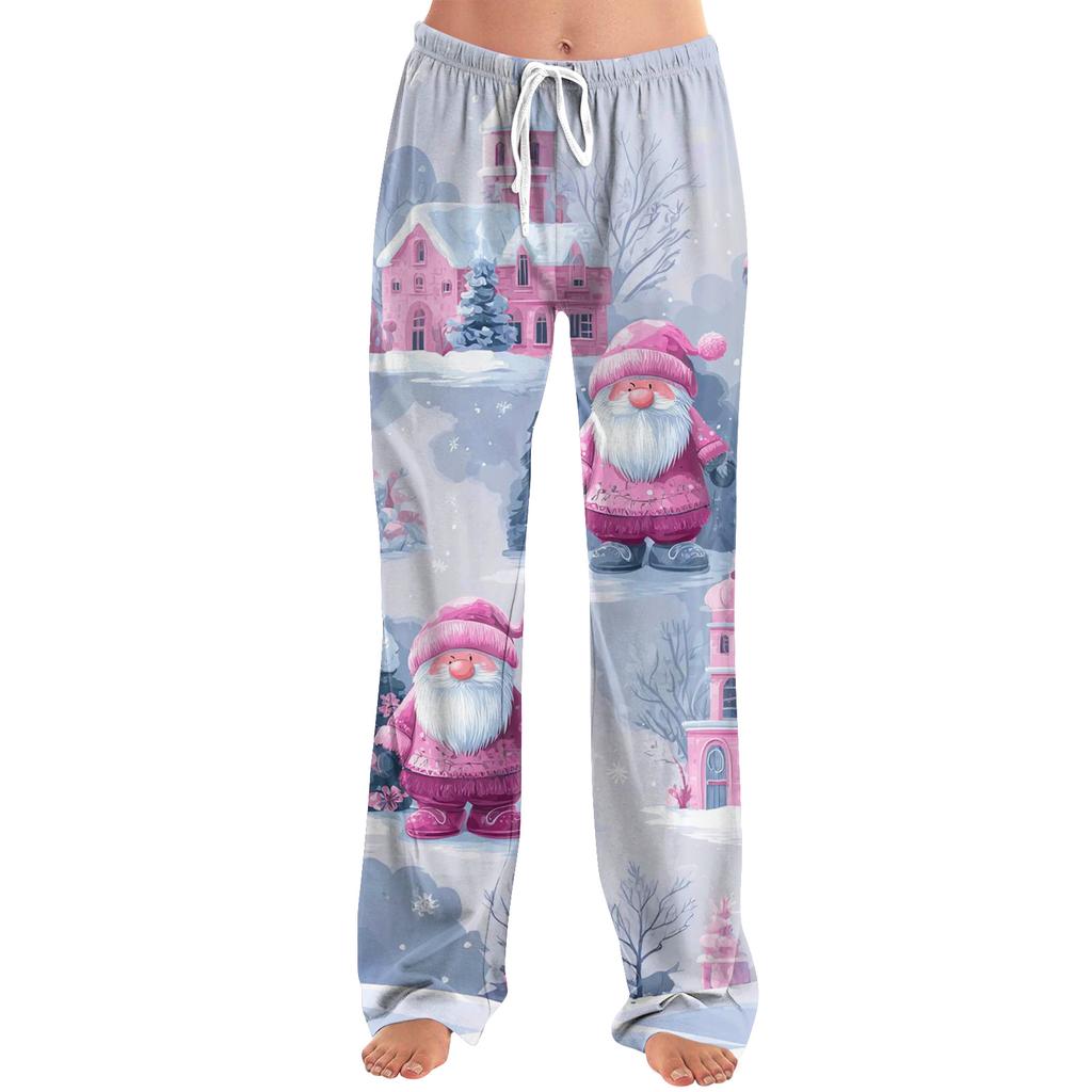 Ladies' Loose And Casual Christmas Printed Wide Leg Pants With Elastic Waistband Drawstring And Pocket Pants