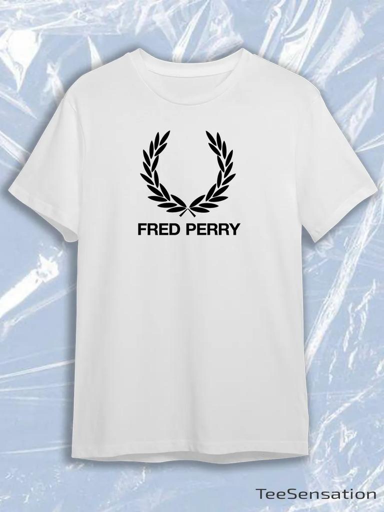 White Crew Neck Short Sleeve T-Shirt with Black Fred Perry Laurel Wreath Logo