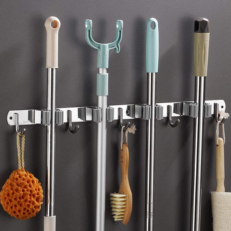 Stainless Steel Punch-Free Mop Holder with Black & Green Clips for Bathroom or Balcony Storage