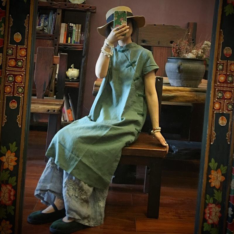 Johnature Women Vintage Print Floral Dress Stand Short Sleeve Summer Button A-Line Chinese Style Dress