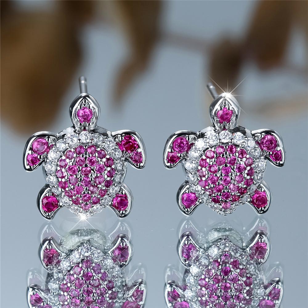 Cute Female Green Rose Red Blue Zircon Stone Small Round Turtle Stud Earrings Vintage Silver Color Wedding Jewelry For Women