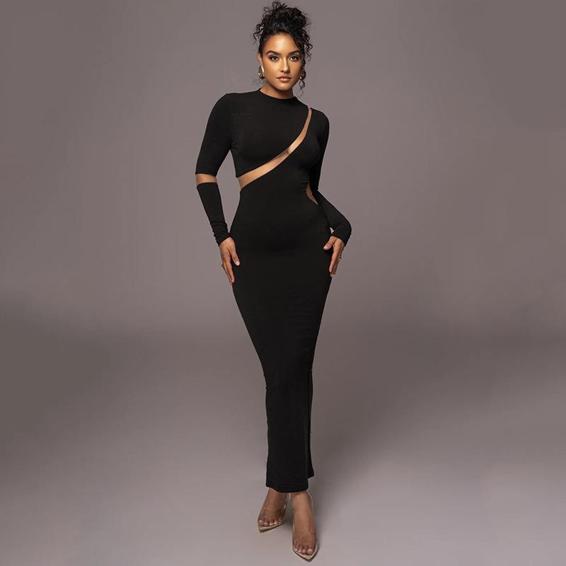 European and American crew neck long-sleeved dress women's fashion hot-selling sexy spice girl tight body sculpting high elastic splicing long dress