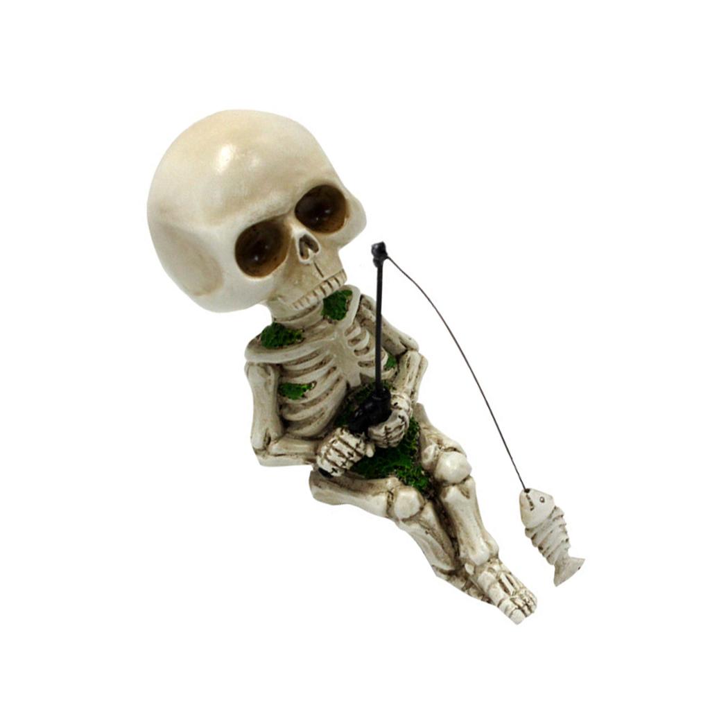 Fishing Skeleton Statue 4.5 Inch Lifelike Resin Small Cute Skeleton Decor for Garden Yard Landscape