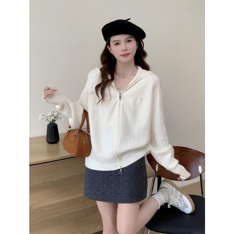 Autumn and winter new loose lazy soft waxy hooded double zipper knitted cardigan women's simple casual versatile sweater jacket