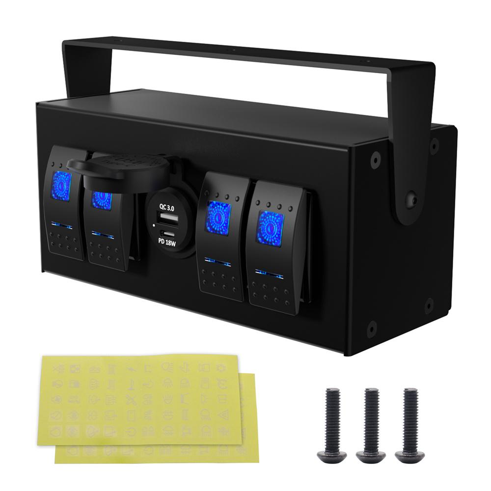 4 Gang Rocker Switch Box 12V/24V ON Off Switch QC3.0+PD 18W USB Charger for Boat Car RV Truck